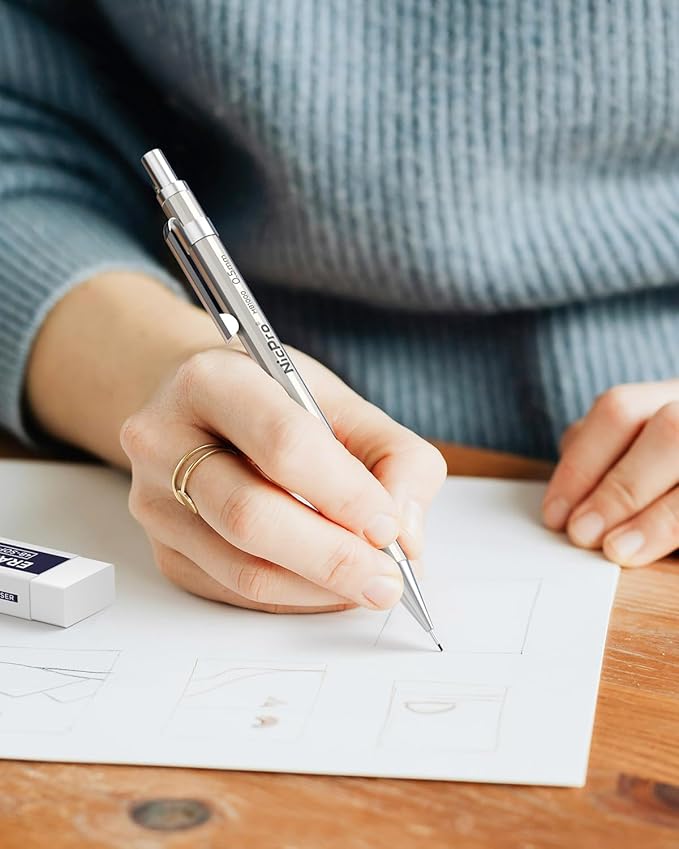 Nicpro 4 Pack Mechanical Pencil 0.5 mm with Case, MB1000 Metal Mechanical Pencil Set with 8 Tube HB #2 Lead Refill 0.5mm, 3PCS 4B Eraser, 9 Cap Eraser for Artist Drafting Writing, Sketching, Drawing