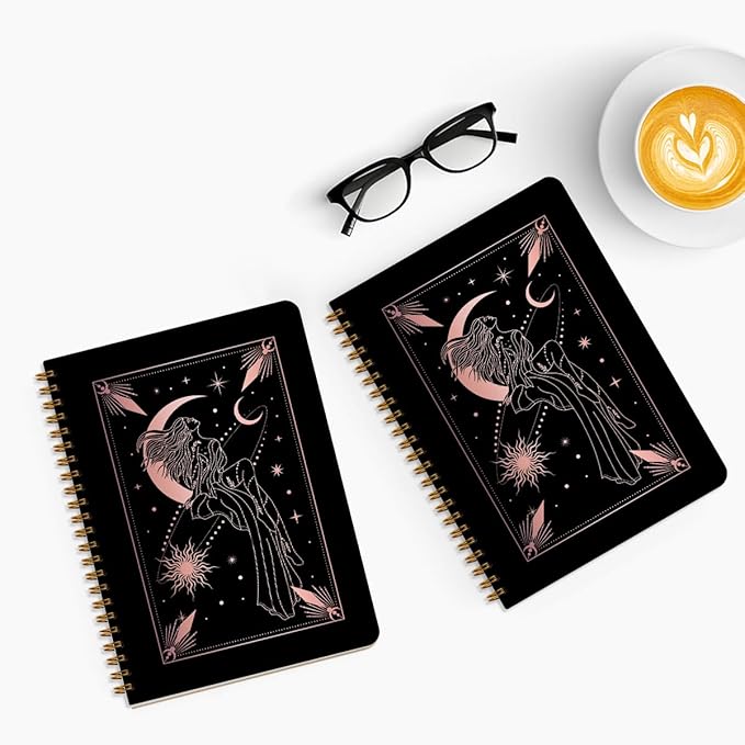 2 Pcs Zodiac Spiral Notebooks for Work, A5(8.3x5.8inch) Composition Notebook College Ruled Note Book, Moon Stars Hardcover Notepads Diary Lined Travel Journal for Writing, Astrology Gifts for Women