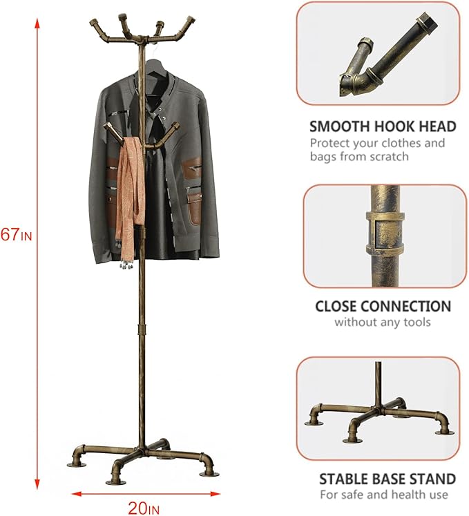 Industrial Coat Rack, Metal Pipe Coat Rack Stand Freestanding with 6 Hooks, Heavy Duty Coat Tree Sturdy Coat Racks for Entryway, Hallway, Bedroom (Vintage gold)
