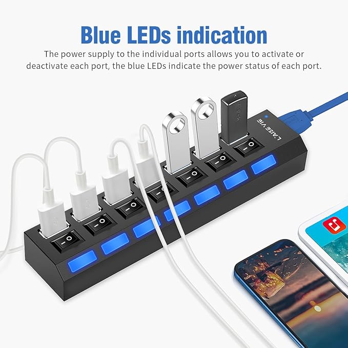 USB 3.0 Hub, 7 Ports USB Splitter USB A Port Data Hub with Independent On/Off Switch and LED Indicators, Lights for Laptop, PC, Computer, Mobile HDD, Flash Drive and More