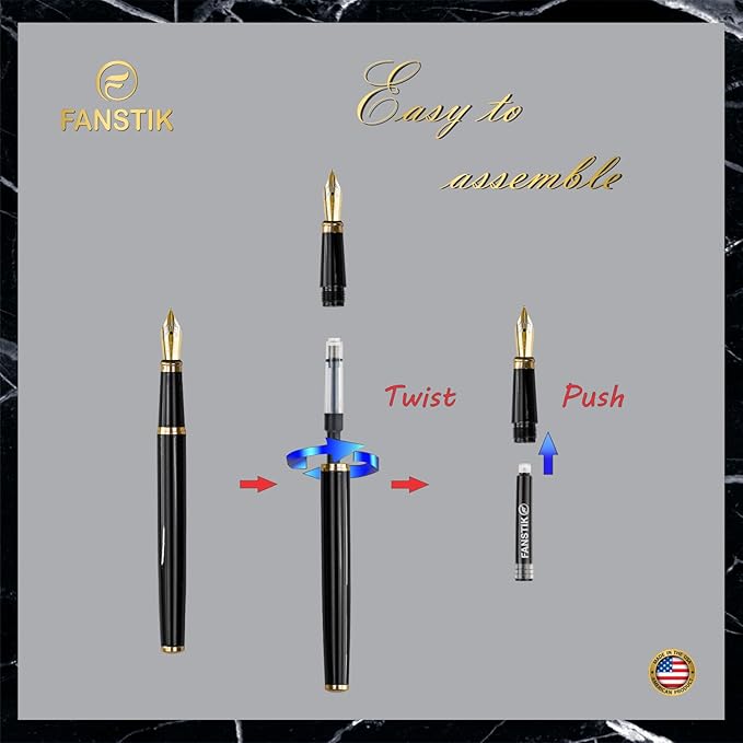 Black & Gold Luxury fountain pen (Made In USA) fancy gift set for women, Real 24K Gold Plating, Professional executive pen gift set for men (Lux fountain Black-Gold)