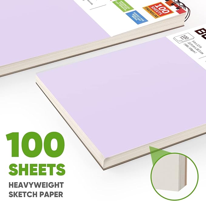 Soucolor 9" x 12" Aesthetic Sketch Book, 1-Pack 100 Sheets School Supplies Cute Sketchbook for Women, Japanese Stationary Sketching Supplies for Kids Teen Girl Gifts Birthday Gifts, Pastel Purple