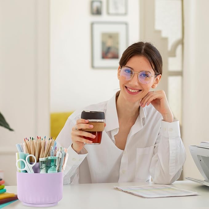 SKYDUE 360 Degree Rotating Desk Organizer, Dual-Purpose Pencil Pen Holder for Desktop, Rotating Desk Pen Organizer with 5 Slots Purple