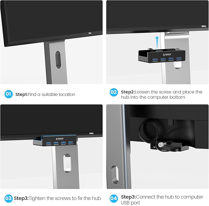 ORICO USB 3.0 Hub, USB Hub Clamp, Aluminum 4-Port USB Splitter with Extra Power Supply Port and 4.92 FT USB Data Cable, Desktop Powered USB Hub for Monitors/Desks-Black (Without Power Adapter)
