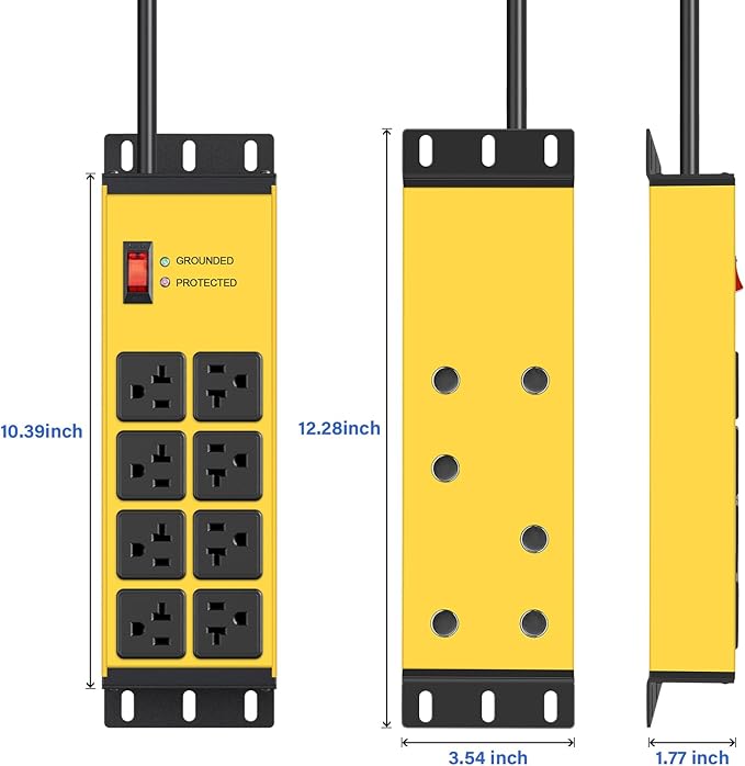 CCCEI Yellow Heavy Duty Power Strip Surge Protector 20 AMP, 8 Outlets 12 Gauge Industrial Shop Garage Metal Multiple Outlets, 4 FT Extension Cord 5-15P Adapter High Amp 6-20R T-Slot 20a for Appliance