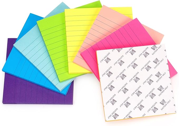 Eastern Wolf 8 Pads Lined Sticky Notes 3x3 Sticky Notes with Lines Self-Stick Note Pads 8 Bright Multi Colors, 85 Sheets/Pad