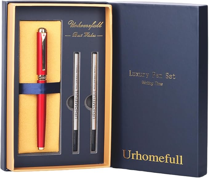 Luxury Red Rollerball Pen-Fancy Pen with Real 24K Gold Trim, Switzerland Tip Point Writing Smooth, Nice Roller Ball Pen Gift Set for Men Women, Professional Pen Business Birthday Christmas