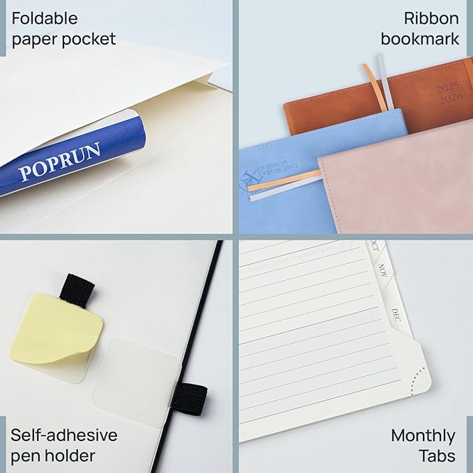 POPRUN Weekly Planner 2026 (Large 8.5" x 10.5") Calendar 12 Months Notebook with Horizontal Layout, Leather Soft Cover, Monthly Tabs, Inner Pocket, 100GSM Thick Paper, Pen Holder - Petrol Green