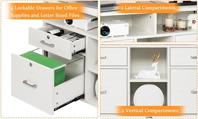 VINGLI Wood Mobile File Cabinet with 4 Drawers and Shelves, Printer Stand with Open Storage, Lockable Lateral Filing Cabinet for Home Office, Assembly Required, Light Beige Close to White