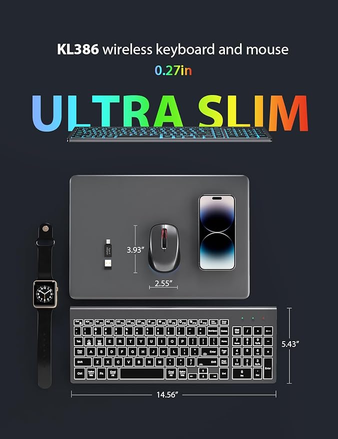 SABLUTE Wireless Keyboard and Mouse Combo Backlit - Compact Quiet Keyboard with RGB Mouse, Rechargeable, Slim, Sleep Mode, Portable Cordless Keyboard Mouse Set for Mac, Windows, Laptop (Space Gray)