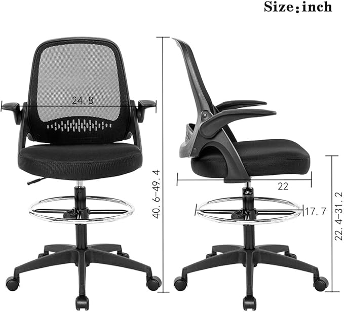 Drafting Chair Tall Office Chair Standing Desk Chair Mesh Computer Chair Adjustable Height with Lumbar Support Flip Up Arms Swivel Rolling Executive Chair,Black …