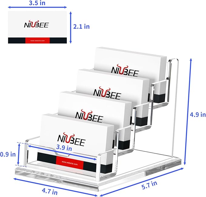 NIUBEE Clear Business Cards Holders 4 Tier Acrylic Card Holder for Business Cards, 4 Slots Business Card Display for Desk Counter, 300 Card Capacity, 1 Pack