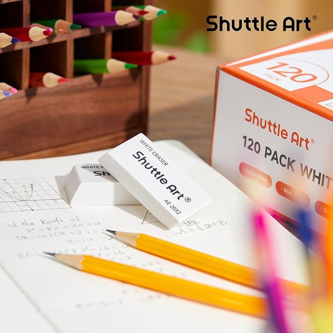 Shuttle Art White Erasers, 120 Pack Erasers Bulk, Smudge Resistant Eraser for Pencils, School Supplies for Kids, Students, Teachers, Office