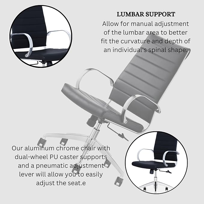 Ribbed High Back Conference Room Chairs- Lumbar Support, Modern Style Executive Chair for Home and Office - 360 Swivel Rolling Wheels - Aluminum Chrome Frame & Base - Black (Pack of 4)