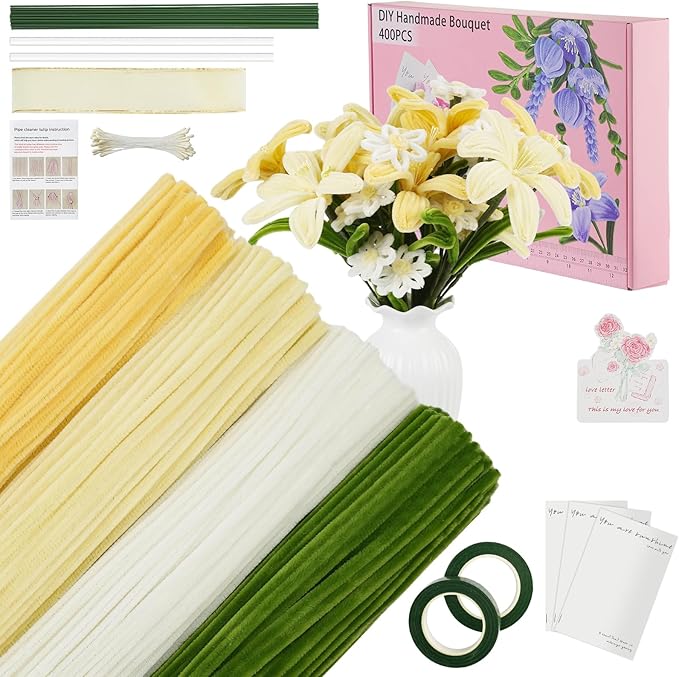 400 Pcs Pipe Cleaners Craft Set,4 Colors Chenille Stems Bulk with Floral Wires, Gardening Tape,Hot Glue Stick,Greeting Card,Bouquet Paper, Stamen & Ribbon, Flowers Craft kit for DIY Handmade Bouquet
