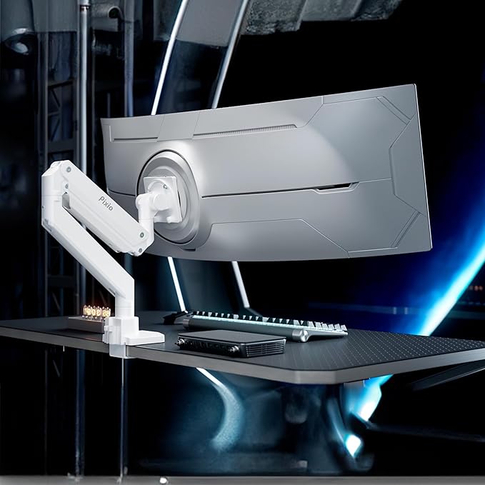 Pixio PS2S Titan White Ultrawide Mega Heavy-Duty Premium Single Monitor Arm Stand fits up to 57 inch Monitors Holds up to 59.4lbs VESA Compatible Integrated Cable Management