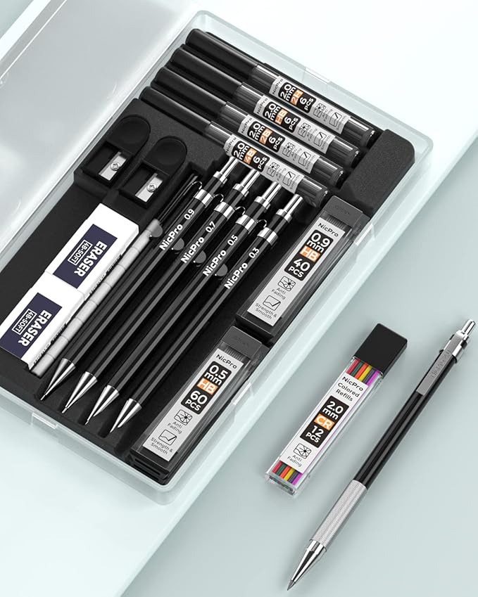 Nicpro Black Art Mechanical Pencil Set in Case, Metal Drafting Pencils 0.3, 0.5, 0.7, 0.9 & 2mm Graphite Holders (2H HB 2B 4B Colored Lead) for Sketching Drawing with 9 Lead Refills, 2 Erasers