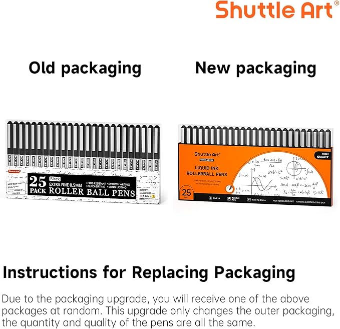 Shuttle Art RollerBall Pens, 25 Pack Black Fine Point Roller Ball Pens, 0.5mm Liquid Ink Pens for Writing Journaling Taking Notes School Office