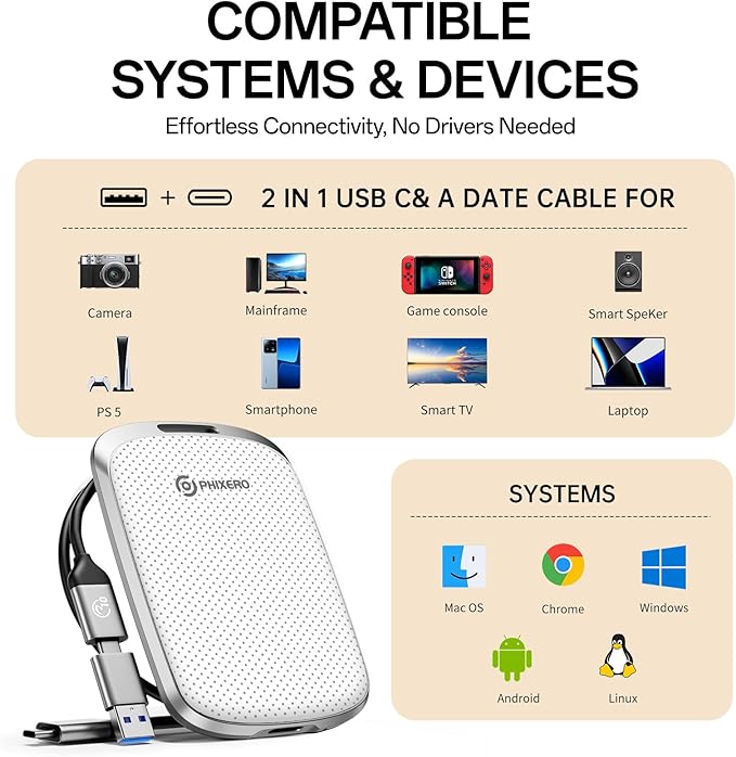 PHIXERO P5PLUS Portable SSD 4TB Up to 550MB/s, USB 3.2 Gen 2 External Solid State Drive,USB C to C&A for Smartphone,Tablet,PC,Labtop (White)