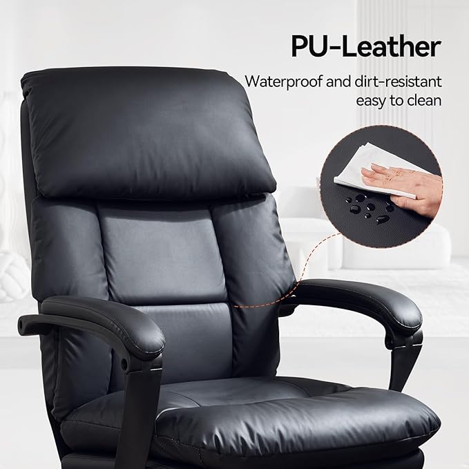 EMIAH Office Chair with Foot Rest, Ergonomic Executive Office Chair with Arms, Reclining High Back PU Leather Comfy Swivel Computer Desk Chairs with Wheels and Lumbar Support for Home Office, Black