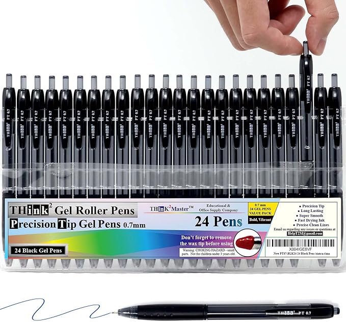 THINK2MASTER [24 Pens - Black Ink Think2 0.7mm Precision Tip Gel Pens. (24 Black) Fine Point Small Rollerball Pens with Smooth Quick Drying Ink.