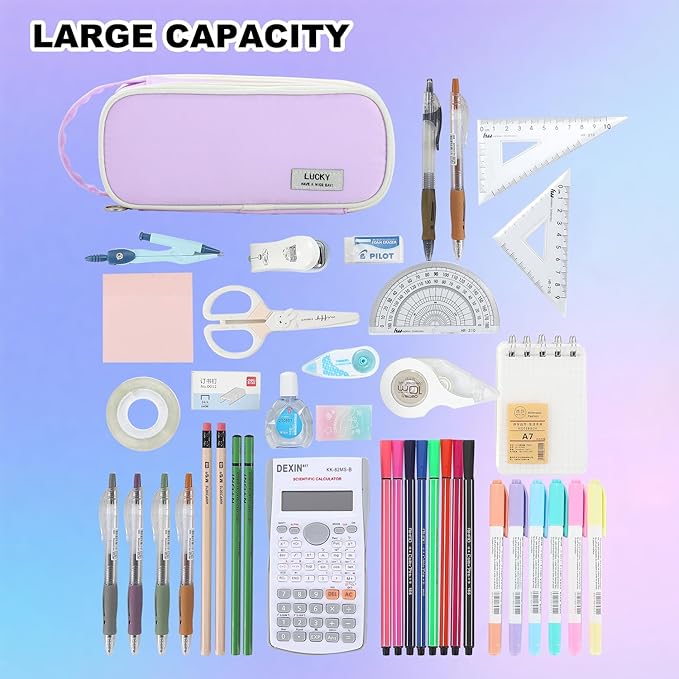 Pencil Case Large Zipper Pencil Pouch for Girls Kids Teens Adults Aesthetic Pencil Bag Stationery Organizer Pen Pencil Case with Handle for School Purple