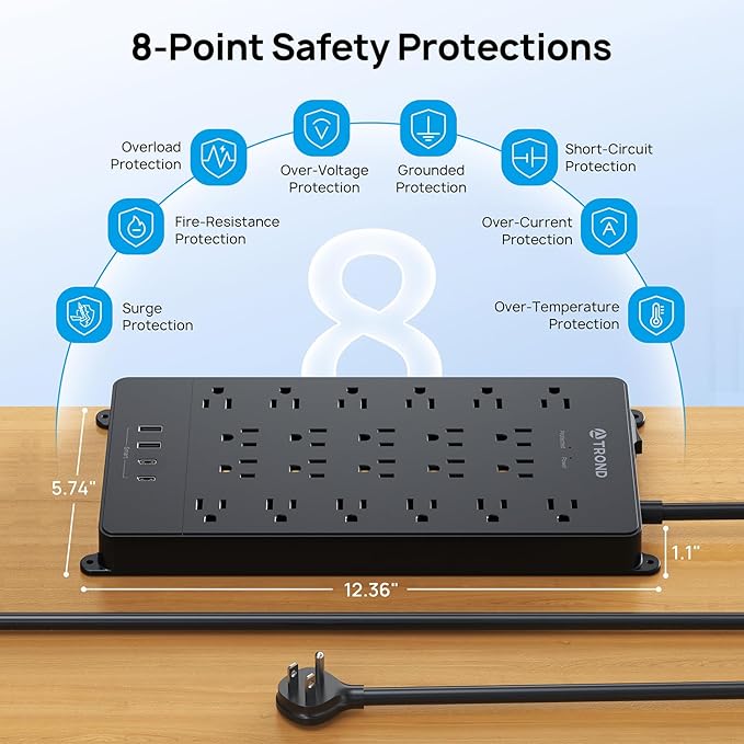 TROND Surge Protector Power Strip, 5ft Flat Plug Extension Cord with Multiple Outlets, 22 Widely Spaced AC with USB Ports, 4000 Joules, Heavy Duty, Wall Mount, Under Desk, ETL Listed, Black