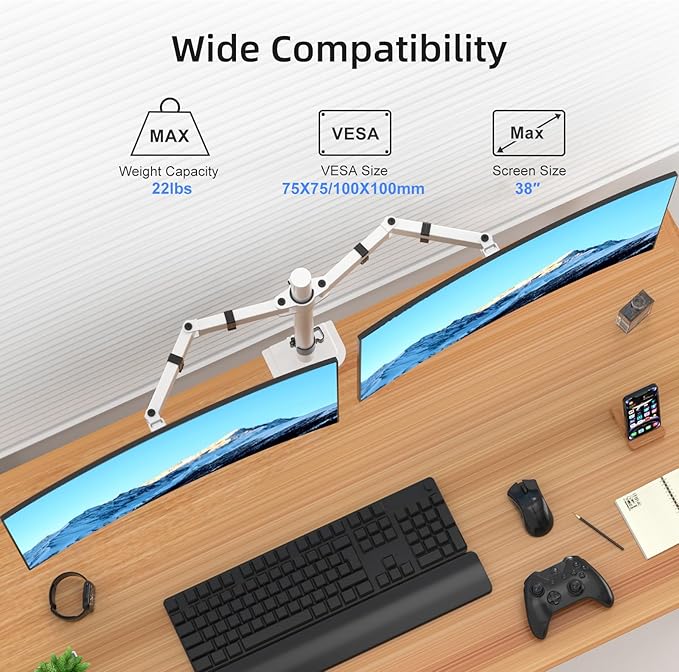 Suptek Dual Monitor Desk Mount, Adjustable Dual Monitor Arm for 2 Monitor Screens up to 38 inch, Extra Tall 15.75" Pole Monitor Stand for Desk, Holds up to 22 lbs,White(MD9442MW)