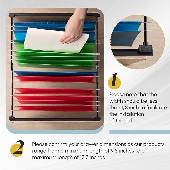 12 Pcs Metal Adjustable File Cabinet Rails Set Include 8 Hanging File Rail Clips 4 Cabinet Dividers Bars Suitable for Cabinets with Drawer Thickness Less Than 1/8 Inch(Black,10-18 Inch)