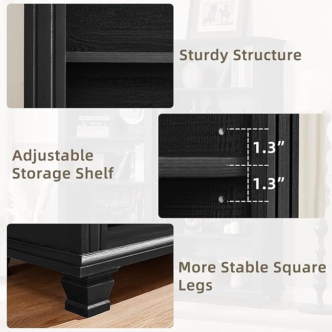 70" Tall Black Bookshelf,5 Tier Wooden Book Shelf with Adjustable Shelves & Wood Legs,Free Standing Farmhouse Bookcase with Open Display Storage,Vintage Bookshelves for Living Room, 2PCS