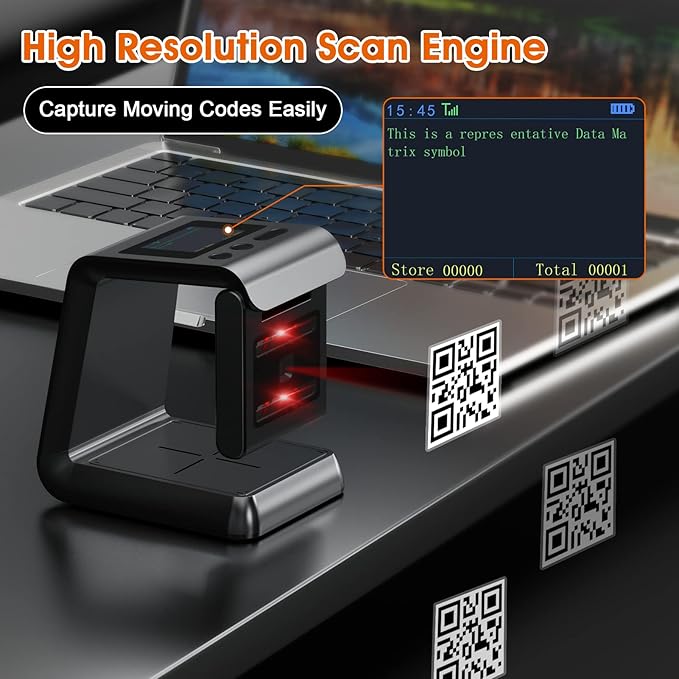 Alacrity 2D QR Wireless Barcode Scanner Hands-Free Omnidirectional Desktop Bar Code Scanner with Screen Display Compatible with Bluetooth & 2.4GHz Wireless for Airport Supermarket