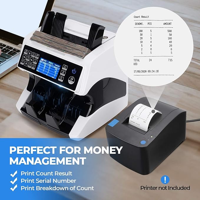 MUNBYN IMC01 Bank Grade Money Counter Machine Mixed Denomination, 2CIS/UV/IR/MG/MT Counterfeit Detection, Serial Number, MUL Currency Cash Counter, Printer Compatible Bill Value Counter (White)