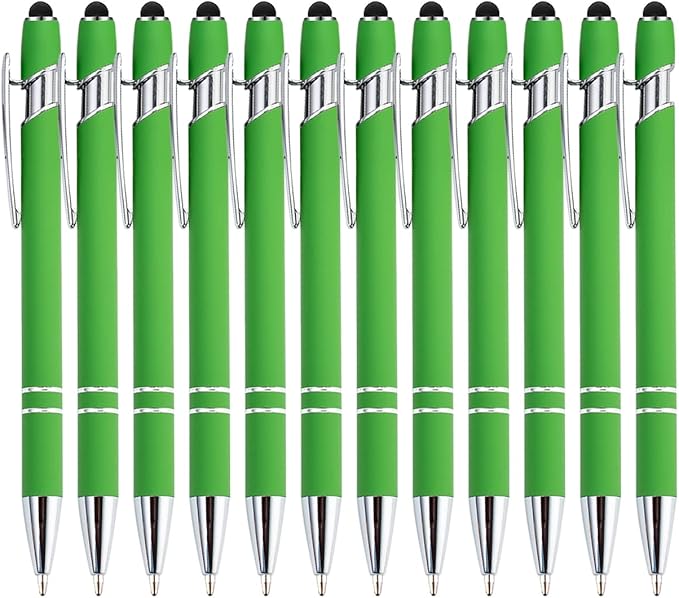 PASISIBICK 12 Pieces Green Ballpoint Pen with Stylus Tip, 2 in 1 Stylus Stylish Pen, Metal Stylus Pen for Touch Screens, Black Ink, 1.0 mm Medium Point.(12 PCS Green)