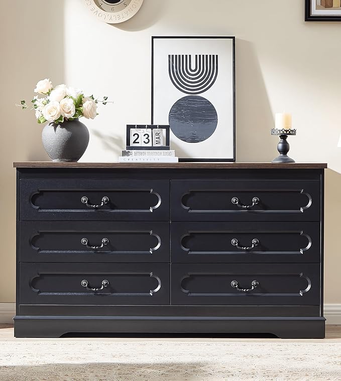 LIDYUK 6 Drawer Dresser for Bedroom Farmhouse Black Tall Wood Chest of DeskStock LIDYUK 6 Drawer Dresser for Bedroom Farmhouse Black Tall Wood Chest of DeskStock