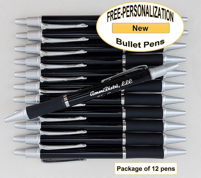 ezpencils - Personalized - Elegant Tip and Click Silver Accents on Black Solid Color Body and Black Grip - Bullet Ballpoint Pens - 12 pkg - ** FREE PERZONALIZATION **