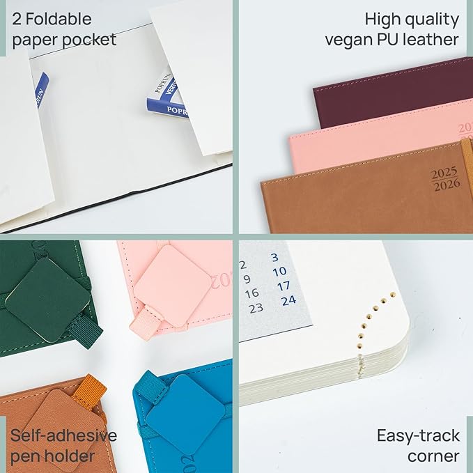 POPRUN Academic Planner 2025-2026, 8.5'' x 11.25'', Quarter-Hourly Appointment Book (July 2025-June 2026) with PU Leather Soft Cover, Dual Pockets, Monthly Tabs, 100GSM Thick Paper - Cornflower