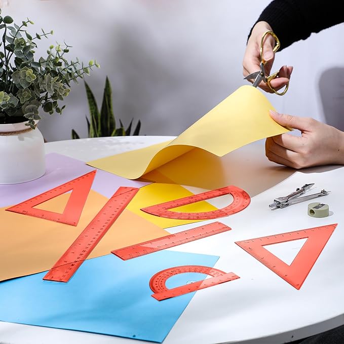 Tenare 6 Pcs Plastic Ruler Math Set Includes 12 Inch 6 Inch Straight Protractor Triangle Geometry Transparent Math Ruler Measuring Tools for School Office Home (Orange)