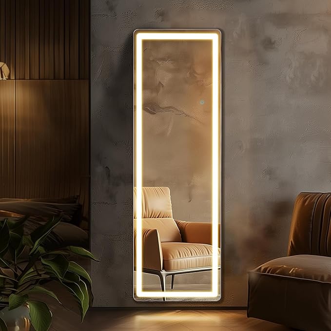 64"x21" Full Length Mirror with LED Lights, Lighted Full Body Mirrors, Aluminum Frame Mirror with Dimming & 3 Color Lighting, Hanging Mounted Mirrors for Bedroom Dressing Room Cloakroom