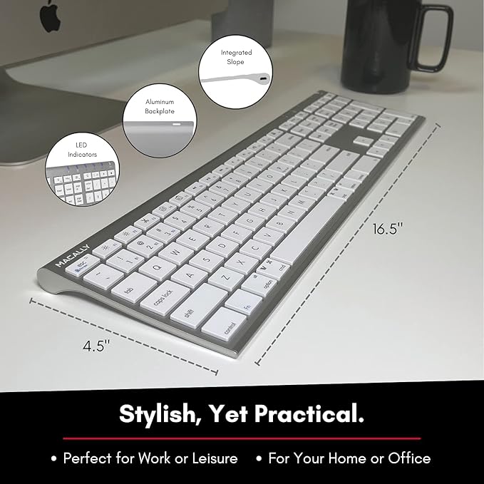 Macally Wireless Bluetooth Keyboard for Mac - Compatible Apple Keyboard or MacBook Pro/Air, iMac - Multi-Device, Up to 3 Devices with 110 Keys, 20 Shortcuts, Numeric Keypad, and Rechargeable - Silver