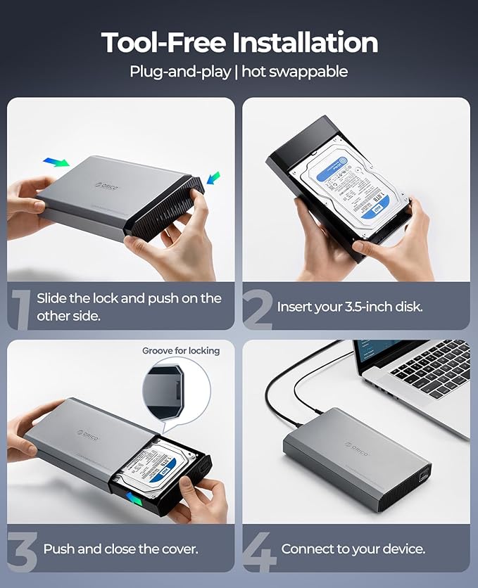 ORICO Aluminum 3.5 Hard Drive Enclosure with USB 3.2 Gen 2 6Gbps Transfer Speed, Fit for 3.5/2.5 Inch SATA HDD SSD Up to 20TB, USB C to USB C/A 2 in 1 Cable Compatible with MacBook Windows(DD35-C3)