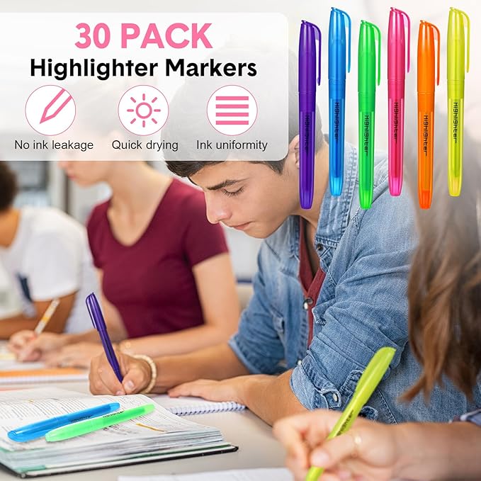 Thenshop 30 Pcs Highlighter Bulk Pack Assorted Colors Highlighter Markers Chisel Tip Fluorescent Pens for Office Classroom Back to School Supplies