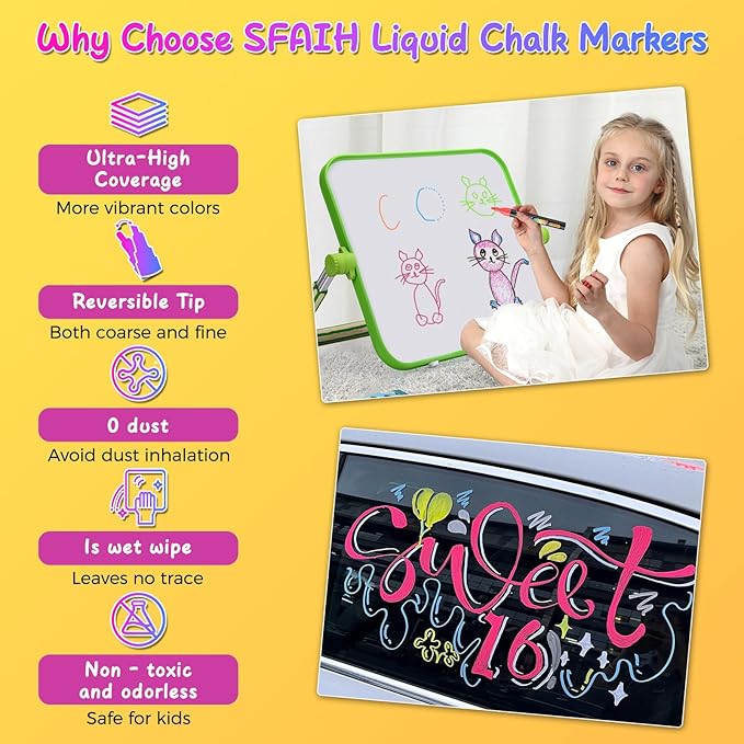 SFAIH 8 Vibrant Liquid Chalk Markers Erasable - Chalk Pens for Blackboard, Calendar, Windows, Glass, Bistro, Stores, Signs, Zero Dust, Non-Toxic, 4.5mm Reversible Tip, With Highlighter Color Markers
