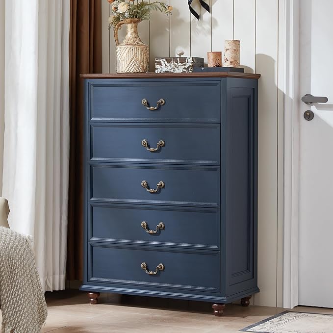 Farmhouse 5 Drawer Dresser for Bedroom, 45" Tall Rustic Chests of Drawers w/ 4 Solid Wood Feet, Mid Century Modern Wooden Closet Storage Dressers Organizer for Living Room, Hallway, Navy Blue