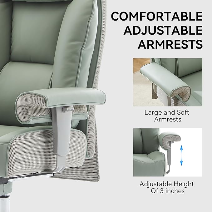 Efomao Big and Tall Green Office Chair 450LBS – Ergonomic High-Back Executive Chair with Footrest, Adjustable Padded Armrests, PU Leather Computer Chair with Lumbar Support for Home or Office,Green