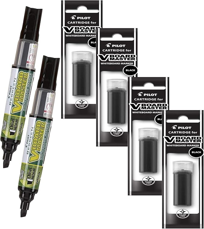 Refillable Dry Erase Markers, Pilot V Board Master, 2 Black Ink Chisel Tip Markers with 4 Refills, P1a439146p
