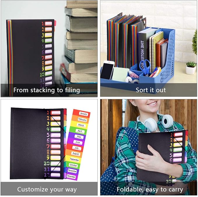 Rainbow Tab Expanding File Folder - 24 Pockets, Durable A4 Letter Size Organizer, Water-Resistant Plastic Dividers, Home/Office/School Document Holder (Black)