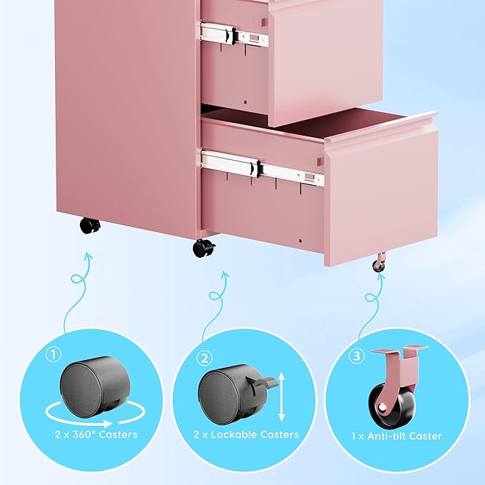 Aobabo 2 Drawer File Cabinet, Lockable Metal Filing Cabinet with Wheels for Home Office, Legal/Letter Size, Fully Assembled Except Wheels, Pink