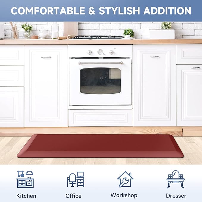 StepRite 4/5 Inch Thick Kitchen Mat Anti Fatigue Mat Kitchen Rugs Kitchen Decor Non-Slip, Stain Resistant, Waterproof Kitchen Mats Desk Mat for Kitchen, Office, Workshop, Red, 17'' x 47''