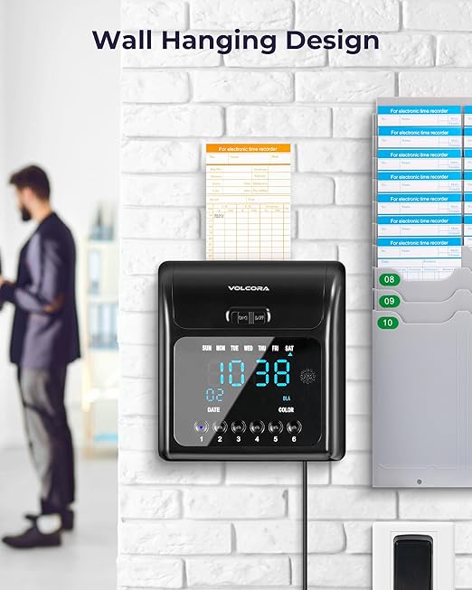 Volcora Time Clock for Employees with 150 Time Cards, 1 Ink Ribbon, 1 Rack, Punch Time Clocks Machine for Small Business with Backup Battery, Punch Clock No Key and Network Need, for Office, Retail