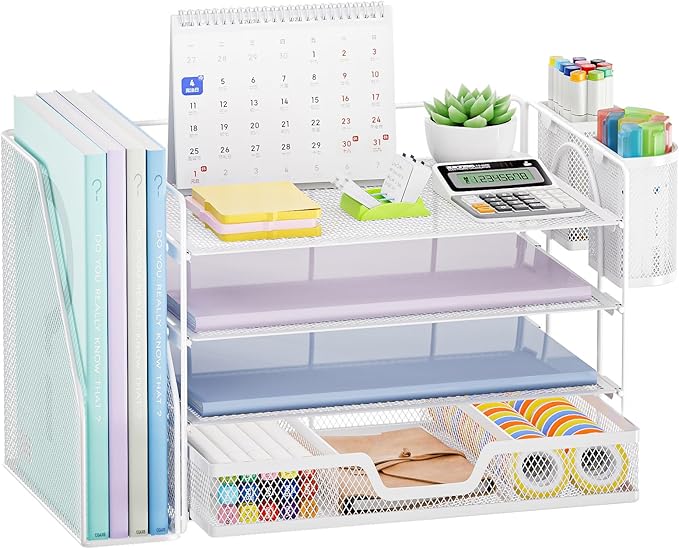 Marbrasse Desk Organizer and Accessories,4-Tier Paper Letter Tray Organizer with File Holder, Desk Accessories & Workspace Desk Organizers with Drawer and 2 Pen Holder (White, 15.4" x 9.1" x 8.3")